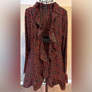 William B Black and Red Heart Patterned Wrap Tie Blouse Size Small